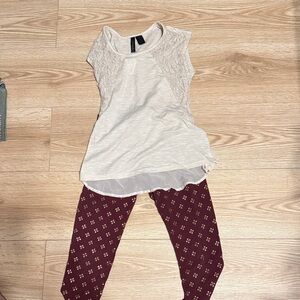 Cream Lace Top and Maroon & Gold Patterned Leggings Set